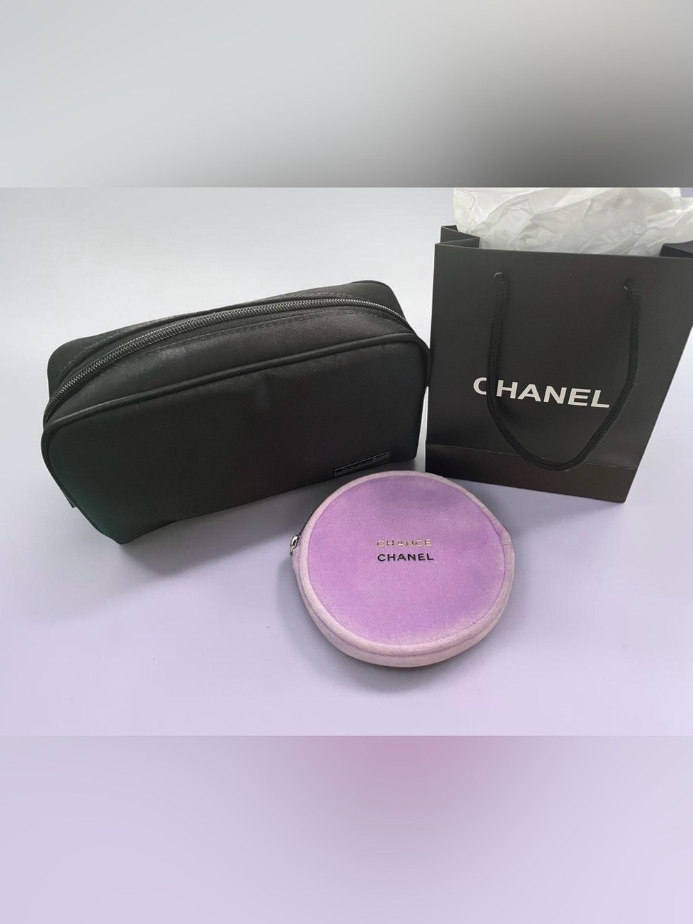 Chanel Bundle:  small and large cosmetic pouches & small gift bag